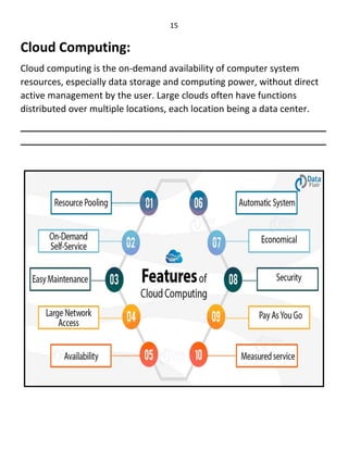 15
Cloud Computing:
Cloud computing is the on-demand availability of computer system
resources, especially data storage and computing power, without direct
active management by the user. Large clouds often have functions
distributed over multiple locations, each location being a data center.
____________________________________________________________
____________________________________________________________
 