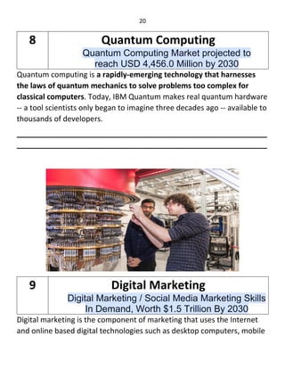 20
Quantum computing is a rapidly-emerging technology that harnesses
the laws of quantum mechanics to solve problems too complex for
classical computers. Today, IBM Quantum makes real quantum hardware
-- a tool scientists only began to imagine three decades ago -- available to
thousands of developers.
____________________________________________________________
____________________________________________________________
Digital marketing is the component of marketing that uses the Internet
and online based digital technologies such as desktop computers, mobile
8 Quantum Computing
Quantum Computing Market projected to
reach USD 4,456.0 Million by 2030
9 Digital Marketing
Digital Marketing / Social Media Marketing Skills
In Demand, Worth $1.5 Trillion By 2030
 