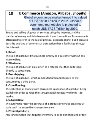 23
Buying and selling of goods or services using the internet, and the
transfer of money and data to execute these transactions. Ecommerce is
often used to refer to the sale of physical products online, but it can also
describe any kind of commercial transaction that is facilitated through
the internet.
1. Retail:
The sale of a product by a business directly to a customer without any
intermediary.
2. Wholesale:
The sale of products in bulk, often to a retailer that then sells them
directly to consumers.
3. Dropshipping:
The sale of a product, which is manufactured and shipped to the
consumer by a third party.
4. Crowdfunding:
The collection of money from consumers in advance of a product being
available in order to raise the startup capital necessary to bring it to
market.
5. Subscription:
The automatic recurring purchase of a product or service on a regular
basis until the subscriber chooses to cancel.
6. Physical products:
Any tangible good that requires inventory to be replenished and orders
10 E Commerce (Amazon, Alibaba, Shopify)
Global e-commerce market turned into valued
at US$ 18.98 Trillion in 2022. Global e-
commerce market size is projected to
reach US$ 47.73 Trillion by 2030.
 
