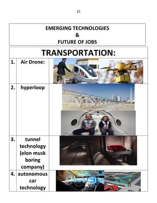 25
TRANSPORTATION:
1. Air Drone:
2. hyperloop
3. tunnel
technology
(elon musk
boring
company)
4. autonomous
car
technology
EMERGING TECHNOLOGIES
&
FUTURE OF JOBS
 