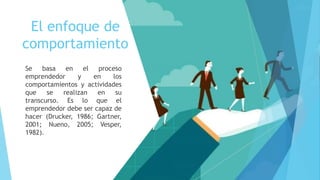 El enfoque de
comportamiento
Se basa en el proceso
emprendedor y en los
comportamientos y actividades
que se realizan en su
transcurso. Es lo que el
emprendedor debe ser capaz de
hacer (Drucker, 1986; Gartner,
2001; Nueno, 2005; Vesper,
1982).
 