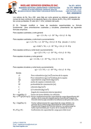INGELABC SERVICIOS GENERALES SAC. Tel. 073 - 347515
INGENIERIA GEOTECNIA LABORATORIOS Y CONSTRUCCION Cel. 073 - 969803186
CONTROL DE CALIDAD AGREGADOS, CONCRETOS, ASFALTOS, CALLE CAHUIDE Mz. 1-Lote 64
MECANICA DE SUELOS, CONSULTORIAS Y EJECUCION DE PROYECTOS CIVILES. CAMPO POLO CASTILLA-PIURA
RUC: 20526388101
Cel/Rpm: # 969803186
Email. Ingelabcservicios@hotmail.com
http://www.ingelabc.com
15
Los valores de Nc, Nq y N® para falla por corte general se obtienen empleando las
curvas de trazo continuo en la siguiente figura y los valores de N’c, N’q y N’® empleando
las curvas punteadas. El valor de c’= 2/3c, cohesión del suelo.
El Dr. Terzaghi modificó a base de resultados experimentales su fórmula
fundamental para cimentaciones cuadradas y circulares, presentando las siguientes
fórmulas empíricas:
Para zapatas cuadradas y corte general:
qd = 1.3 c Nc + 1 . Df * Nq + 0.4 2 . B . N®
Para zapatas cuadradas y corte local o punzonamiento:
qd = 1.3 c’ N’c + 1 . Df * N’q + 0.4 2 . B . N’® (donde c’= 2/3c)
qd = 0.867 c’ N’c + 1 . Df * N’q + 0.4 2 . B . N’®
Para zapatas continua y corte local o punzonamiento:
qd = 2/3 c’ N’c + 1 . Df * N’q + 0.4 2 . B . N’®
Para zapatas circulares y corte general:
qd = 1.3 cNc + 1 . Df * Nq + 0.6 2 . R . N®
Para zapatas circulares y corte local y punzonamiento:
qd = 1.3 c’ N’c + 1 . Df * N’q + 0.6 2 . R . N’®
Donde:
1 Peso volumétrico (gr/cm3) encima de la zapata
2 Peso volumétrico (gr/cm3) debajo de la zapata
Qd capacidad de carga limite (kg/cm2)
B ancho de zapata o cimiento (m)
Df profundidad de cimentación (m)
C cohesión (kg/cm2)
C' 2/3 cohesión (kg/cm2)
 Angulo de rozamiento interno (grados)
Nc = cotg(Nq‐1) Factor de forma debido a la cohesión
Nq = e tg2(45+/2) Factor unidimensional de capacidad de carga dependiente del
ancho y de la zona de empuje pasivo función del Angulo de
fricción interna () considera la influencia del peso del suelo.
N = 2tg(Nq+1) Factor adimensional de capacidad de carga debido a la
presión de la sobrecarga (densidad de enterramiento).
Función del Angulo de fricción interna. La sobrecarga se
halla representada por el peso de la unidad de área.
N'c, N'q y N' Coeficientes de capacidad de carga para falla local
 
