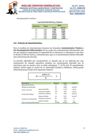 INGELABC SERVICIOS GENERALES SAC. Tel. 073 - 347515
INGENIERIA GEOTECNIA LABORATORIOS Y CONSTRUCCION Cel. 073 - 969803186
CONTROL DE CALIDAD AGREGADOS, CONCRETOS, ASFALTOS, CALLE CAHUIDE Mz. 1-Lote 64
MECANICA DE SUELOS, CONSULTORIAS Y EJECUCION DE PROYECTOS CIVILES. CAMPO POLO CASTILLA-PIURA
RUC: 20526388101
Cel/Rpm: # 969803186
Email. Ingelabcservicios@hotmail.com
http://www.ingelabc.com
17
Reemplazando se obtiene:
Capacidad Admisible (Qadm) Zapatas
Referencia Df(m.)
Qadm
tn/m2 kg/cm2
C‐1 1.20 7.169 0.717
C‐1 1.50 8.557 0.856
C‐1 1.80 9.619 0.962
C‐1 2.00 10.513 1.051
C‐1 2.50 12.747 1.275
C‐1 3.00 14.981 1.498
4.2.- Calculo de Asentamientos.
Para el análisis de cimentaciones tenemos los Llamados Asentamientos Totales y
los Asentamientos Diferenciales, de los cuales los asentamientos diferenciales son
los que podrían comprometer la seguridad de la estructura si sobrepasa lo que dice
la Norma E‐050 de Suelos y Cimentaciones, que es el asentamiento máximo tolerable
para estructuras de este tipo.
La presión admisible por asentamiento, es aquella que al ser aplicada por una
cimentación de tamaño especifico, produce un asentamiento tolerable por la
estructura, que en nuestro caso, no debe sobrepasar 1” (2.54 cm). El asentamiento
elástico inicial según la teoría de la elasticidad (Lambe y Withman, 1969) puede
determinarse por medio de la siguiente relación:
Descripción Símbolo Valor Unidad
Relación de Poisson m 0.25
Módulo de elasticidad Es 1000 ton/m2
Factor de forma cimiento flexible If F 112.0 cm/m
cimentación rígida If R 82.0 cm/m
Presión de Trabajo cimientos continuos qc 6.40 ton/m2
Zapatas aisladas qz 8.30 ton/m2
Ancho de la cimentación cimientos continuos Bc 0.80 m
zapatas aisladas Bz 2.00 m
Tipo de suelo predominante SP-SM Arenas SUCS
 