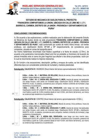 INGELABC SERVICIOS GENERALES SAC. Tel. 073 - 347515
INGENIERIA GEOTECNIA LABORATORIOS Y CONSTRUCCION Cel. 073 - 969803186
CONTROL DE CALIDAD AGREGADOS, CONCRETOS, ASFALTOS, CALLE CAHUIDE Mz. 1-Lote 64
MECANICA DE SUELOS, CONSULTORIAS Y EJECUCION DE PROYECTOS CIVILES. CAMPO POLO CASTILLA-PIURA
RUC: 20526388101
Cel/Rpm: # 969803186
Email. Ingelabcservicios@hotmail.com
http://www.ingelabc.com
20
ESTUDIO DE MECANICA DE SUELOS PARA EL PROYECTO:
“FINANCIERA COMPARTAMOS LA UNION, UBICADA EN CALLE LIMA MZ.1, LT.1,
BARRIO EL CARMEN, DISTRITO DE LA UNION - PROVINCIA Y DEPARTAMENTO DE
PIURA”
CONCLUSIONES Y RECOMENDACIONES:
1.- De acuerdo a las exploraciones y análisis realizados para la elaboración del presente Estudio
de Mecánica de Suelos donde se está proyectando:“FINANCIERA COMPARTAMOS LA UNION,
UBICADA EN CALLE LIMA MZ.1, LT.1, BARRIO EL CARMEN, DISTRITO DE LA UNION - PROVINCIA
Y DEPARTAMENTO DE PIURA”; está conformado por suelos de matriz Areno limosa con lentes
arcillosos, con clasificación SUCS: SP-SM y SP respectivamente, de consistencia poco
compactas, ubicada en zonas de topografía plana.
Así mismo habiéndose encontrado nivel freático superficial a la fecha de estudio (-2.70m.), de
acuerdo a los parámetros mencionados (Seed and Iris) es probable un fenómeno de licuación de
arenas inmediato ante un sismo de gran magnitud que afecten a las obras proyectadas, razón por
lo cual se recomienda realizar la mejoras necesarias.
2.- En función a las excavaciones, descripción, perfiles y ensayos de suelos, se han identificado
diferentes tipos con considerable contenido de humedad y mediana plasticidad.
Estratigrafía: CALICATA 01 / INGRESO (Nivel Interior del terreno aproximadamente +0.50m.).
0.00m. – 0.40m. / M – 1, MATERIAL DE RELLENO, Mezcla de arenas, limos arcillosos, trozos de
ladrillos, bolsas plásticas y materia orgánica.
0.40m. – 1.80m. / M – 2, ARENA MAL GRADUADA Y LIMOS, mezcla de arenas mal graduadas
con lentes limosos, color parda con tonalidad beige, Clasificación SUCS: SP-SM y clasificación
AASHTO: A-3(0), no plástica, consistencia poco compacta, mediano contenido de humedad y baja
resistencia a la penetración.
1.80m. – 3.40m. / M – 3, ARENA MAL GRADUADA; color beige con tono marrón claro,
Clasificación SUCS: SP y AASHTO: A-3(0), No plástica, consistencia poco compacta, presencia de
nivel freático a partir de -3.20m.(medidos desde el nivel +0.50m. del interior del terreno), así mismo
se evidencia baja resistencia a la penetración.
Estratigrafía: CALICATA 02 / CENTRO (Nivel Interior del terreno aproximadamente +0.50m.).
0.00m. – 0.50m. / M – 1, MATERIAL DE RELLENO, Mezcla de arenas, limos arcillosos, trozos de
ladrillos, bolsas plásticas y materia orgánica.
0.50m. – 2.00m. / M – 2, ARENA MAL GRADUADA Y LIMOS, mezcla de arenas mal graduadas
con lentes limosos, color parda con tonalidad beige, Clasificación SUCS: SP-SM y clasificación
AASHTO: A-3(0), no plástica, consistencia poco compacta, mediano contenido de humedad y baja
resistencia a la penetración.
2.00m. – 3.40m. / M – 3, ARENA MAL GRADUADA; color beige con tono marrón claro,
Clasificación SUCS: SP y AASHTO: A-3(0), No plástica, consistencia poco compacta, presencia de
nivel freático a partir de -3.20m.(medidos desde el nivel +0.50m. del interior del terreno), así mismo
se evidencia baja resistencia a la penetración.
 
