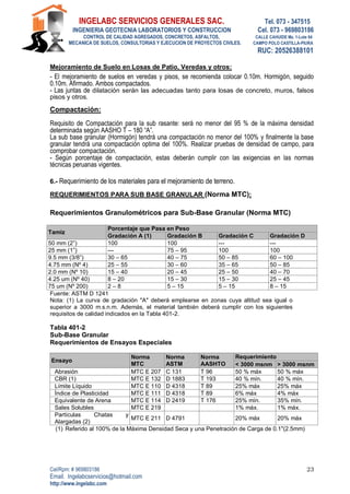 INGELABC SERVICIOS GENERALES SAC. Tel. 073 - 347515
INGENIERIA GEOTECNIA LABORATORIOS Y CONSTRUCCION Cel. 073 - 969803186
CONTROL DE CALIDAD AGREGADOS, CONCRETOS, ASFALTOS, CALLE CAHUIDE Mz. 1-Lote 64
MECANICA DE SUELOS, CONSULTORIAS Y EJECUCION DE PROYECTOS CIVILES. CAMPO POLO CASTILLA-PIURA
RUC: 20526388101
Cel/Rpm: # 969803186
Email. Ingelabcservicios@hotmail.com
http://www.ingelabc.com
23
Mejoramiento de Suelo en Losas de Patio, Veredas y otros:
- El mejoramiento de suelos en veredas y pisos, se recomienda colocar 0.10m. Hormigón, seguido
0.10m. Afirmado. Ambos compactados.
- Las juntas de dilatación serán las adecuadas tanto para losas de concreto, muros, falsos
pisos y otros.
Compactación:
Requisito de Compactación para la sub rasante: será no menor del 95 % de la máxima densidad
determinada según AASHO T – 180 “A”.
La sub base granular (Hormigón) tendrá una compactación no menor del 100% y finalmente la base
granular tendrá una compactación optima del 100%. Realizar pruebas de densidad de campo, para
comprobar compactación.
- Según porcentaje de compactación, estas deberán cumplir con las exigencias en las normas
técnicas peruanas vigentes.
6.- Requerimiento de los materiales para el mejoramiento de terreno.
REQUERIMIENTOS PARA SUB BASE GRANULAR (Norma MTC):
Requerimientos Granulométricos para Sub-Base Granular (Norma MTC)
Tamiz
Porcentaje que Pasa en Peso
Gradación A (1) Gradación B Gradación C Gradación D
50 mm (2”) 100 100 --- ---
25 mm (1”) --- 75 – 95 100 100
9.5 mm (3/8”) 30 – 65 40 – 75 50 – 85 60 – 100
4.75 mm (Nº 4) 25 – 55 30 – 60 35 – 65 50 – 85
2.0 mm (Nº 10) 15 – 40 20 – 45 25 – 50 40 – 70
4.25 um (Nº 40) 8 – 20 15 – 30 15 – 30 25 – 45
75 um (Nº 200) 2 – 8 5 – 15 5 – 15 8 – 15
Fuente: ASTM D 1241
Nota: (1) La curva de gradación "A" deberá emplearse en zonas cuya altitud sea igual o
superior a 3000 m.s.n.m. Además, el material también deberá cumplir con los siguientes
requisitos de calidad indicados en la Tabla 401-2.
Tabla 401-2
Sub-Base Granular
Requerimientos de Ensayos Especiales
Ensayo
Norma
MTC
Norma
ASTM
Norma
AASHTO
Requerimiento
< 3000 msnm > 3000 msnm
Abrasión MTC E 207 C 131 T 96 50 % máx 50 % máx
CBR (1) MTC E 132 D 1883 T 193 40 % mín. 40 % mín.
Límite Líquido MTC E 110 D 4318 T 89 25% máx 25% máx
Índice de Plasticidad MTC E 111 D 4318 T 89 6% máx 4% máx
Equivalente de Arena MTC E 114 D 2419 T 176 25% mín. 35% mín.
Sales Solubles MTC E 219 1% máx. 1% máx.
Partículas Chatas y
Alargadas (2)
MTC E 211 D 4791 20% máx 20% máx
(1) Referido al 100% de la Máxima Densidad Seca y una Penetración de Carga de 0.1"(2.5mm)
 
