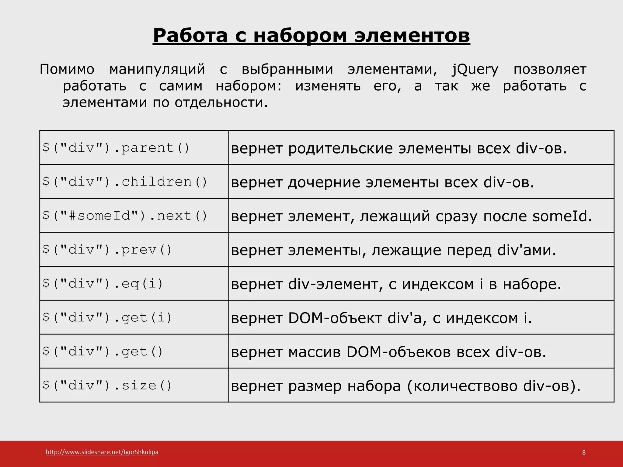 http://www.slideshare.net/IgorShkulipa 8
Работа с набором элементов
Помимо манипуляций с выбранными элементами, jQuery позволяет
работать с самим набором: изменять его, а так же работать с
элементами по отдельности.
$("div").parent() вернет родительские элементы всех div-ов.
$("div").children() вернет дочерние элементы всех div-ов.
$("#someId").next() вернет элемент, лежащий сразу после someId.
$("div").prev() вернет элементы, лежащие перед div'ами.
$("div").eq(i) вернет div-элемент, с индексом i в наборе.
$("div").get(i) вернет DOM-объект div'а, с индексом i.
$("div").get() вернет массив DOM-объеков всех div-ов.
$("div").size() вернет размер набора (количествово div-ов).
 