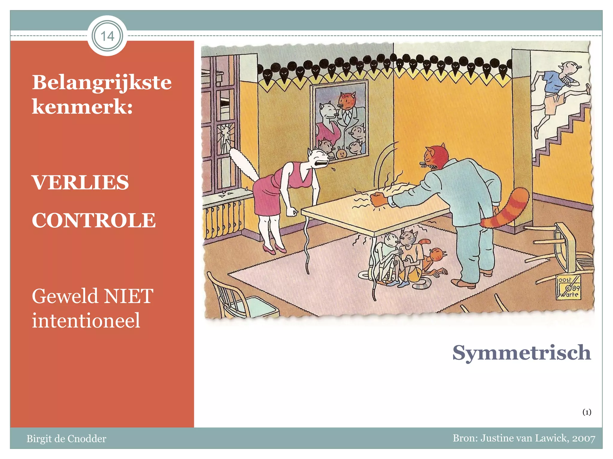 Symmetrisch
(1)
Belangrijkste
kenmerk:
VERLIES
CONTROLE
Geweld NIET
intentioneel
Birgit de Cnodder
14
Bron: Justine van Lawick, 2007
 