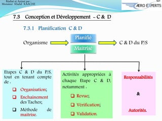 7.3 Conception et Développement - C & D
7.3.1 Planification C & D
C & D du P/S
Planifié
Maitrisé
Organisme
Etapes C & D du P/S,
tout en tenant compte
de :
 Organisation;
 Enchainement
des Taches;
 Méthode de
maitrise.
Activités appropriées à
chaque Etape C & D,
notamment :
 Revue;
 Vérification;
 Validation.
Responsabilités
&
Autorités.
Réalisé et Animé par :
Monsieur Khalid KAACHE
 