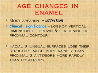 AGE CHANGES IN
         ENAMEL
• Most apparent – attrition
• Clinical significance – loss of vertical
  dimension of crown & flattening of
  proximal contour.

• Facial & lingual surfaces lose their
  structure much more rapidly than
  proximal & anteriors more rapidly
  than posteriors.
 