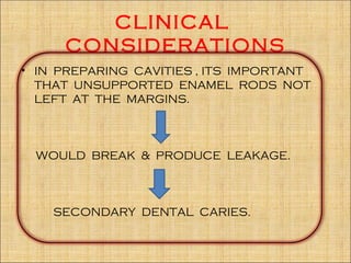 CLINICAL
     CONSIDERATIONS
• IN PREPARING CAVITIES , ITS IMPORTANT
  THAT UNSUPPORTED ENAMEL RODS NOT
  LEFT AT THE MARGINS.



 WOULD BREAK & PRODUCE LEAKAGE.



    SECONDARY DENTAL CARIES.
 