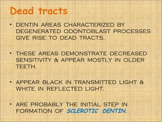Dead tracts
• DENTIN AREAS CHARACTERIZED BY
  DEGENERATED ODONTOBLAST PROCESSES
  GIVE RISE TO DEAD TRACTS.

• THESE AREAS DEMONSTRATE DECREASED
  SENSITIVITY & APPEAR MOSTLY IN OLDER
  TEETH.

• APPEAR BLACK IN TRANSMITTED LIGHT &
  WHITE IN REFLECTED LIGHT.

• ARE PROBABLY THE INITIAL STEP IN
  FORMATION OF SCLEROTIC DENTIN.
 