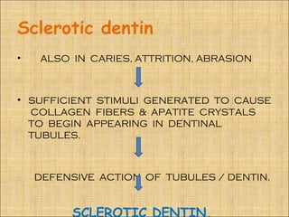 Sclerotic dentin
•   ALSO IN CARIES, ATTRITION, ABRASION



• SUFFICIENT STIMULI GENERATED TO CAUSE
  COLLAGEN FIBERS & APATITE CRYSTALS
  TO BEGIN APPEARING IN DENTINAL
  TUBULES.



    DEFENSIVE ACTION OF TUBULES / DENTIN.


         SCLEROTIC DENTIN.
 
