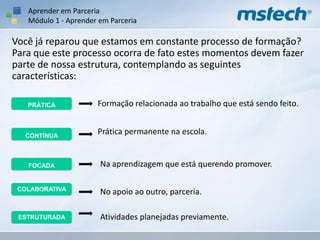 Aprender em ParceriaMódulo 1 - Aprender em ParceriaProposta do programaO programa foi desenvolvido para  oferecer aos professores a preparação, a experiência e as habilidades de comunicação necessárias para a troca de conhecimento.Envolver os alunos em uma aprendizagem mais significativa com o isso da tecnologia;