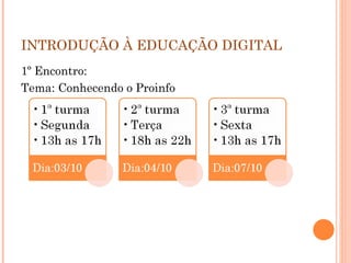 INTRODUÇÃO À EDUCAÇÃO DIGITAL 1º Encontro:  Tema: Conhecendo o Proinfo 