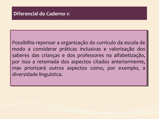 Diferencial do Caderno 1:
Possibilita repensar a organização do currículo da escola de
modo a considerar práticas inclusivas e valorização dos
saberes das crianças e dos professores na alfabetização,
por isso a retomada dos aspectos citados anteriormente,
mas priorizará outros aspectos como, por exemplo, a
diversidade linguística.
Possibilita repensar a organização do currículo da escola de
modo a considerar práticas inclusivas e valorização dos
saberes das crianças e dos professores na alfabetização,
por isso a retomada dos aspectos citados anteriormente,
mas priorizará outros aspectos como, por exemplo, a
diversidade linguística.
 