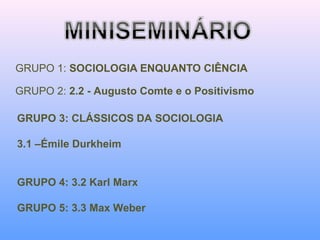 GRUPO 1: SOCIOLOGIA ENQUANTO CIÊNCIA
GRUPO 3: CLÁSSICOS DA SOCIOLOGIA
3.1 –Émile Durkheim
GRUPO 4: 3.2 Karl Marx
GRUPO 5: 3.3 Max Weber
GRUPO 2: 2.2 - Augusto Comte e o Positivismo
 
