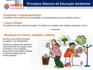 •Totalidade e Interdependência
“Considera o meio ambiente em sua totalidade e a interdependência entre os aspectos naturais”;
• Local e Global
“O cuidado com a terra representa o global. O cuidado com o próprio nicho ecológico representa o local “
Leonardo Boff
• Mudanças de Valores, Atitudes e Hábitos
Construir novos valores fundados
no respeito e na solidariedade;
Orientar as mudanças de atitudes e
comportamentos nas relações entre
os homens e com a natureza,
preservando a diversidade ecológica
e cultural do planeta para as
futuras gerações”
Princípios Básicos da Educação Ambiental
 