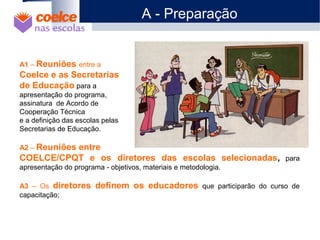 1 O Projeto
2 Objetivos
3 Metodologia / Descrição de Etapas
4 Abrangência
5 Benefícios
6 Metas
7 Materiais Didáticos
A1 – Reuniões entre a
Coelce e as Secretarias
de Educação para a
apresentação do programa,
assinatura de Acordo de
Cooperação Técnica
e a definição das escolas pelas
Secretarias de Educação.
A2 – Reuniões entre
COELCE/CPQT e os diretores das escolas selecionadas, para
apresentação do programa - objetivos, materiais e metodologia.
A3 – Os diretores definem os educadores que participarão do curso de
capacitação;
A - Preparação
 