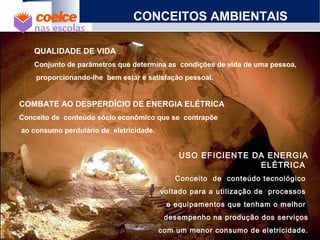 CONCEITOS AMBIENTAIS
QUALIDADE DE VIDA
Conjunto de parâmetros que determina as condições de vida de uma pessoa,
proporcionando-lhe bem estar e satisfação pessoal.
COMBATE AO DESPERDÍCIO DE ENERGIA ELÉTRICA
Conceito de conteúdo sócio econômico que se contrapõe
ao consumo perdulário de eletricidade.
USO EFICIENTE DA ENERGIA
ELÉTRICA
Conceito de conteúdo tecnológico
voltado para a utilização de processos
e equipamentos que tenham o melhor
desempenho na produção dos serviços
com um menor consumo de eletricidade.
 