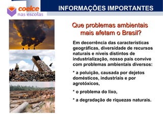 Que problemas ambientaisQue problemas ambientais
mais afetam o Brasil?mais afetam o Brasil?
INFORMAÇÕES IMPORTANTES
Em decorrência das características
geográficas, diversidade de recursos
naturais e níveis distintos de
industrialização, nosso país convive
com problemas ambientais diversos:
* a poluição, causada por dejetos
domésticos, industriais e por
agrotóxicos,
* o problema do lixo,
* a degradação de riquezas naturais.
 