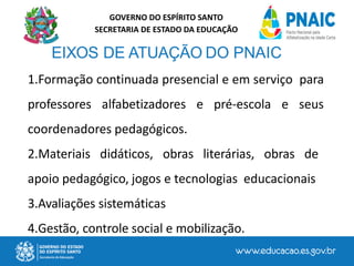 GOVERNO DO ESPÍRITO SANTO
SECRETARIA DE ESTADO DA EDUCAÇÃO
1.Formação continuada presencial e em serviço para
professores alfabetizadores e pré-escola e seus
coordenadores pedagógicos.
2.Materiais didáticos, obras literárias, obras de
apoio pedagógico, jogos e tecnologias educacionais
3.Avaliações sistemáticas
4.Gestão, controle social e mobilização.
 