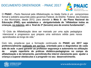 DOCUMENTO ORIENTADOR - PNAIC 2017
O PNAIC - Pacto Nacional pela Alfabetização na Idade Certa é um compromisso
formal e solidário assumido pelos governos Federal, do Distrito Federal, dos Estados
e dos Municípios, desde 2012, para atender à Meta 5 do Plano Nacional da
Educação (PNE), que estabelece a obrigatoriedade de “Alfabetizar todas as
crianças, no máximo, até o final do 3º (terceiro) ano do ensino fundamental”.
“O Ciclo de Alfabetização deve ser marcado por uma ação pedagógica
intencional e progressiva que prepara uma estrutura sólida para novos
aprendizados ao longo da vida.”
Com isto, propõe-se que a formação continuada do PNAIC em 2017 seja
preferencialmente realizada em serviço, orientada para o diagnóstico de cada
sala de aula e para garantir ao professor segurança e autonomia na utilização
de amplo repertório de práticas didático-pedagógicas no campo da
alfabetização e do letramento, permitindo-lhe intervir claramente para ajudar a
criança a superar obstáculos e a progredir no seu desenvolvimento.
 