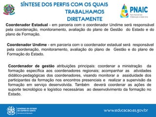Coordenador Estadual - em parceria com o coordenador Undime será responsável
pela coordenação, monitoramento, avaliação do plano de Gestão do Estado e do
plano de Formação.
Coordenador Undime - em parceria com o coordenador estadual será responsável
pela coordenação, monitoramento, avaliação do plano de Gestão e do plano de
Formação do Estado.
Coordenador de gestão atribuições principais: coordenar a ministração da
formação específica aos coordenadores regionais; acompanhar as atividades
didático-pedagógicas dos coordenadores, visando monitorar a assiduidade dos
participantes da formação nos encontros presenciais e realizar a supervisão da
formação em serviço desenvolvida. Também deverá coordenar as ações de
suporte tecnológico e logístico necessárias ao desenvolvimento da formação no
Estado.
SÍNTESE DOS PERFIS COM OS QUAIS
TRABALHAMOS
DIRETAMENTE
 