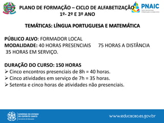 PLANO DE FORMAÇÃO – CICLO DE ALFABETIZAÇÃO
1º- 2º E 3º ANO
TEMÁTICAS: LÍNGUA PORTUGUESA E MATEMÁTICA
PÚBLICO ALVO: FORMADOR LOCAL
MODALIDADE: 40 HORAS PRESENCIAIS 75 HORAS A DISTÂNCIA
35 HORAS EM SERVIÇO.
DURAÇÃO DO CURSO: 150 HORAS
Cinco encontros presenciais de 8h = 40 horas.
Cinco atividades em serviço de 7h = 35 horas.
Setenta e cinco horas de atividades não presenciais.
 