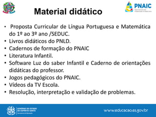 • Proposta Curricular de Língua Portuguesa e Matemática
do 1º ao 3º ano /SEDUC.
• Livros didáticos do PNLD.
• Cadernos de formação do PNAIC
• Literatura Infantil.
• Software Luz do saber Infantil e Caderno de orientações
didáticas do professor.
• Jogos pedagógicos do PNAIC.
• Vídeos da TV Escola.
• Resolução, interpretação e validação de problemas.
Material didático
 