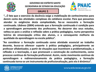 GOVERNO DO ESPÍRITO SANTO
SECREATARIA DE ESTADO DA EDUCAÇÃO
GRUPO 1
“...É fato que o exercício da docência exige a mobilização de conhecimentos para
darem conta das atividades complexas do cotidiano escolar. Para que possamos
atender às exigências desta complexidade, faz-se necessária a formação
continuada. Libâneo (2004) entende que a formação continuada é condição para
a aprendizagem permanente dos professores. No decorrer dos seus estudos,
voltou-se para a análise e reflexão sobre a prática pedagógica, numa perspectiva
teórica de emancipação crítica dos alunos, e a consequente melhoria da
qualidade da aprendizagem na escola pública”.
“Ao considerar a formação continuada como atividade essencial ao trabalho
docente, busca-se oferecer suporte à prática pedagógica, principalmente ao
professor alfabetizador, a partir de situações que incentivem a problematização, a
reflexão e a teorização, e que promovam a construção do conhecimento, como
processo contínuo de formação profissional. Assim, neste movimento contínuo de
aprendizagem e redimensionamento da prática pedagógica, a formação
continuada torna-se um instrumento de profissionalização, pois ela é dinâmica”.
 