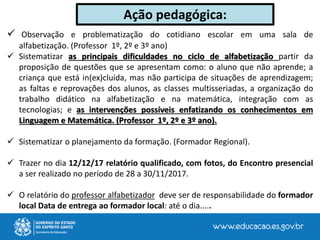  Observação e problematização do cotidiano escolar em uma sala de
alfabetização. (Professor 1º, 2º e 3º ano)
 Sistematizar as principais dificuldades no ciclo de alfabetização partir da
proposição de questões que se apresentam como: o aluno que não aprende; a
criança que está in(ex)cluída, mas não participa de situações de aprendizagem;
as faltas e reprovações dos alunos, as classes multisseriadas, a organização do
trabalho didático na alfabetização e na matemática, integração com as
tecnologias; e as intervenções possíveis enfatizando os conhecimentos em
Linguagem e Matemática. (Professor 1º, 2º e 3º ano).
 Sistematizar o planejamento da formação. (Formador Regional).
 Trazer no dia 12/12/17 relatório qualificado, com fotos, do Encontro presencial
a ser realizado no período de 28 a 30/11/2017.
 O relatório do professor alfabetizador deve ser de responsabilidade do formador
local Data de entrega ao formador local: até o dia.....
Ação pedagógica:
 