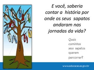 E você, saberia
contar a história por
onde os seus sapatos
andaram nas
jornadas da vida?
Quais
caminhos
seus sapatos
querem
percorrer?
 