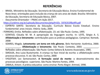 REFERÊNCIAS
- BRASIL. Ministério da Educação. Secretaria de Educação Básica. Ensino Fundamental de
Nove Anos: orientações para inclusão da criança de seis anos de idade. Brasília: Ministério
da Educação, Secretaria de Educação Básica, 2007.
- Documento Orientador – PNAIC em Ação 2017.
https://undime.org.br/uploads/documentos/phpjPn5Es_5976353f8a4f9.pdf
- ESPÍRITO SANTO. Secretaria da Educação. Currículo Básico Escola Estadual. Ensino
fundamental: anos iniciais. Vitória: Sedu, 2009.
- FERREIRO, Emilia. Reflexões sobre alfabetização. 23. ed. São Paulo: Cortez, 1995.
- GONTIJO, Cláudia M. M. A apropriação da linguagem escrita. In: LEITE, Sérgio A. S.
Alfabetização e letramento: contribuições para as práticas pedagógicas. Campinas: Komedi,
2008
- SOARES, Magda. Letramento: um tema em três gêneros. Belo Horizonte: Autêntica, 2000.
____________. Alfabetização e letramento. São Paulo: Contexto, 2003. ____________.
Reflexões sobre alfabetização. São Paulo: Cortez Editora & Autores Associados, 1985.
- SMOLKA, Ana Luiza Bustamante. A criança na fase inicial da escrita: a alfabetização como
processo discursivo. 9. ed. São Paulo: Cortez, 2000
- VYGOTSKY, Lev Semonovitch. A formação social da mente: o desenvolvimento dos
processos psicológicos superiores. São Paulo: Martins Fontes, 1994.
- ZABALA, Antoni. A prática educativa: como ensinar. Porto Alegre: Artmed, 1998.
 