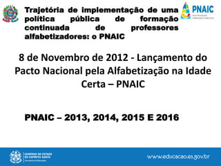 8 de Novembro de 2012 - Lançamento do
Pacto Nacional pela Alfabetização na Idade
Certa – PNAIC
Trajetória de implementação de uma
política pública de formação
continuada de professores
alfabetizadores: o PNAIC
PNAIC – 2013, 2014, 2015 E 2016
 