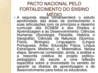 PACTO NACIONAL PELO
FORTALECIMENTO DO ENSINO
MÉDIO
 A segunda etapa compreenderá o estudo
aprofundado das áreas de conhecimento e
suas articulações com os princípios e desenho
curricular das DCNEM e dos Direitos à
Aprendizagem e ao Desenvolvimento: Ciências
Humanas (Sociologia, Filosofia, História e
Geografia); Ciências da Natureza (Química,
Física, Biologia); Linguagens (Língua
Portuguesa, Artes, Educação Física, Língua
Estrangeira Moderna); e Matemática. Nessa
etapa, devem-se contemplar, ainda, a análise e
a reescrita coletiva do projeto político-
pedagógico da escola e uma reflexão
específica sobre a diversidade no sentido de
garantir os direitos de aprendizagem e de
desenvolvimento para todos os educandos.
 