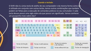 O Shift não é a única tecla de atalho do seu computador e da mesma forma como ele
é utilizado em conjunto com outras teclas, temos outras combinações que também
podem ser feitas para a execução de comandos práticos no seu comutador. E cada
tecla dessas possui uma sigla sobre ela que possui um significado. Vamos conhecer
um pouquinho mais sobre elas?
Usando o teclado
 