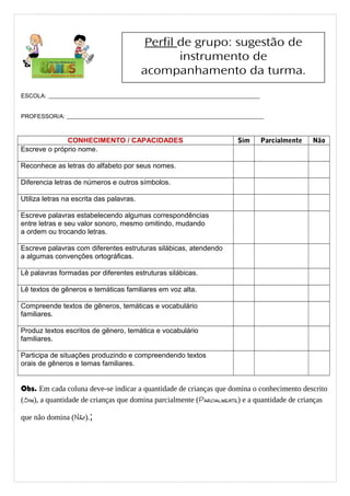ESCOLA: ________________________________________________________________________
PROFESSOR/A: ___________________________________________________________________
CONHECIMENTO / CAPACIDADES Sim Parcialmente Não
Escreve o próprio nome.
Reconhece as letras do alfabeto por seus nomes.
Diferencia letras de números e outros símbolos.
Utiliza letras na escrita das palavras.
Escreve palavras estabelecendo algumas correspondências
entre letras e seu valor sonoro, mesmo omitindo, mudando
a ordem ou trocando letras.
Escreve palavras com diferentes estruturas silábicas, atendendo
a algumas convenções ortográficas.
Lê palavras formadas por diferentes estruturas silábicas.
Lê textos de gêneros e temáticas familiares em voz alta.
Compreende textos de gêneros, temáticas e vocabulário
familiares.
Produz textos escritos de gênero, temática e vocabulário
familiares.
Participa de situações produzindo e compreendendo textos
orais de gêneros e temas familiares.
Obs. Em cada coluna deve-se indicar a quantidade de crianças que domina o conhecimento descrito
(Sim), a quantidade de crianças que domina parcialmente (Parcialmente) e a quantidade de crianças
que não domina (Não).;v.
Perfil de grupo: sugestão de
instrumento de
acompanhamento da turma.
 