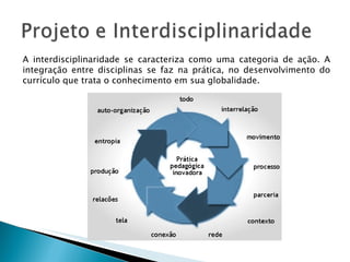 A interdisciplinaridade se caracteriza como uma categoria de ação. A integração entre disciplinas se faz na prática, no desenvolvimento do currículo que trata o conhecimento em sua globalidade. 