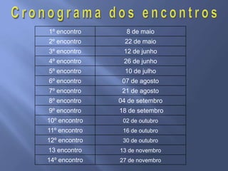 1º encontro      8 de maio
2º encontro      22 de maio
3º encontro     12 de junho
4º encontro     26 de junho
5º encontro      10 de julho
6º encontro     07 de agosto
7º encontro     21 de agosto
8º encontro    04 de setembro
9º encontro    18 de setembro
10º encontro    02 de outubro
11º encontro    16 de outubro
12º encontro    30 de outubro
13 encontro    13 de novembro
14º encontro   27 de novembro
 