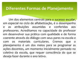 Um dos elementos centrais para o sucesso escolar,
em especial no ciclo de alfabetização, é o desempenho
e as atribuições assumidas e conferidas aos
professores. Acreditamos na capacidade do professor
em desenvolver sua prática com qualidade e de forma
coerente através do diálogo com seus pares na escola e
com os materiais curriculares. Cremos que o
planejamento é um dos meios para se programar as
ações docentes, um momento inicialmente pensado no
coletivo da escola, que requer consciência do que se
deseja fazer durante o ano letivo.
Diferentes Formas de Planejamento
 