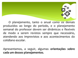 O planejamento, tanto o anual como os demais
produzidos ao longo do período, e o planejamento
semanal do professor devem ser dinâmicos e flexíveis
de modo a serem revistos sempre que necessário,
atendendo aos imprevistos e aos acontecimentos do
cotidiano escolar.
Apresentamos, a seguir, algumas orientações sobre
cada um desses planejamentos.
 