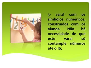 3- varal com os
símbolos numéricos,
construídos com os
alunos. Não há
necessidade de que
este varal só
contemple números
até o 10;
 