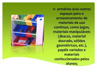 11- armários e/ou outros
espaços para o
armazenamento de
materiais de uso
contínuo, como jogos,
materiais manipuláveis
(ábacos, material
dourado, sólidos
geométricos, etc.),
papéis variados e
materiais
confeccionados pelos
alunos;
 