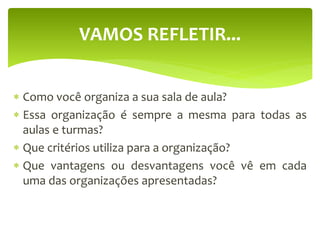  Como você organiza a sua sala de aula?
 Essa organização é sempre a mesma para todas as
aulas e turmas?
 Que critérios utiliza para a organização?
 Que vantagens ou desvantagens você vê em cada
uma das organizações apresentadas?
VAMOS REFLETIR...
 