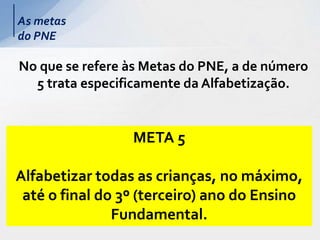 As metas
do PNE
No que se refere às Metas do PNE, a de número
5 trata especificamente da Alfabetização.
META 5
Alfabetizar todas as crianças, no máximo,
até o final do 3º (terceiro) ano do Ensino
Fundamental.
 