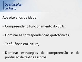 Os princípios
do Pacto
Aos oito anos de idade:
- Compreender o funcionamento do SEA;
- Dominar as correspondências grafofônicas;
- Ter fluência em leitura;
- Dominar estratégias de compreensão e de
produção de textos escritos.
 