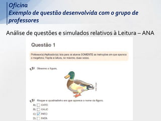 Análise de questões e simulados relativos à Leitura – ANA
Oficina
Exemplo de questão desenvolvida com o grupo de
professores
 