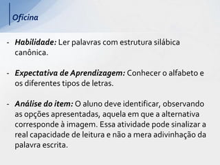 - Habilidade: Ler palavras com estrutura silábica
canônica.
- Expectativa de Aprendizagem: Conhecer o alfabeto e
os diferentes tipos de letras.
- Análise do item: O aluno deve identificar, observando
as opções apresentadas, aquela em que a alternativa
corresponde à imagem. Essa atividade pode sinalizar a
real capacidade de leitura e não a mera adivinhação da
palavra escrita.
Oficina
 