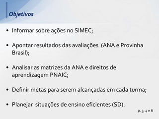 • Informar sobre ações no SIMEC;
• Apontar resultados das avaliações (ANA e Provinha
Brasil);
• Analisar as matrizes da ANA e direitos de
aprendizagem PNAIC;
• Definir metas para serem alcançadas em cada turma;
• Planejar situações de ensino eficientes (SD).
p. 3, 4 e 6
Objetivos
 