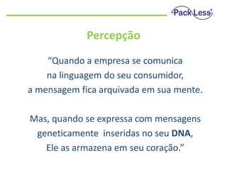Percepção
“Quando a empresa se comunica
na linguagem do seu consumidor,
a mensagem fica arquivada em sua mente.
Mas, quando se expressa com mensagens
geneticamente inseridas no seu DNA,
Ele as armazena em seu coração.”

 